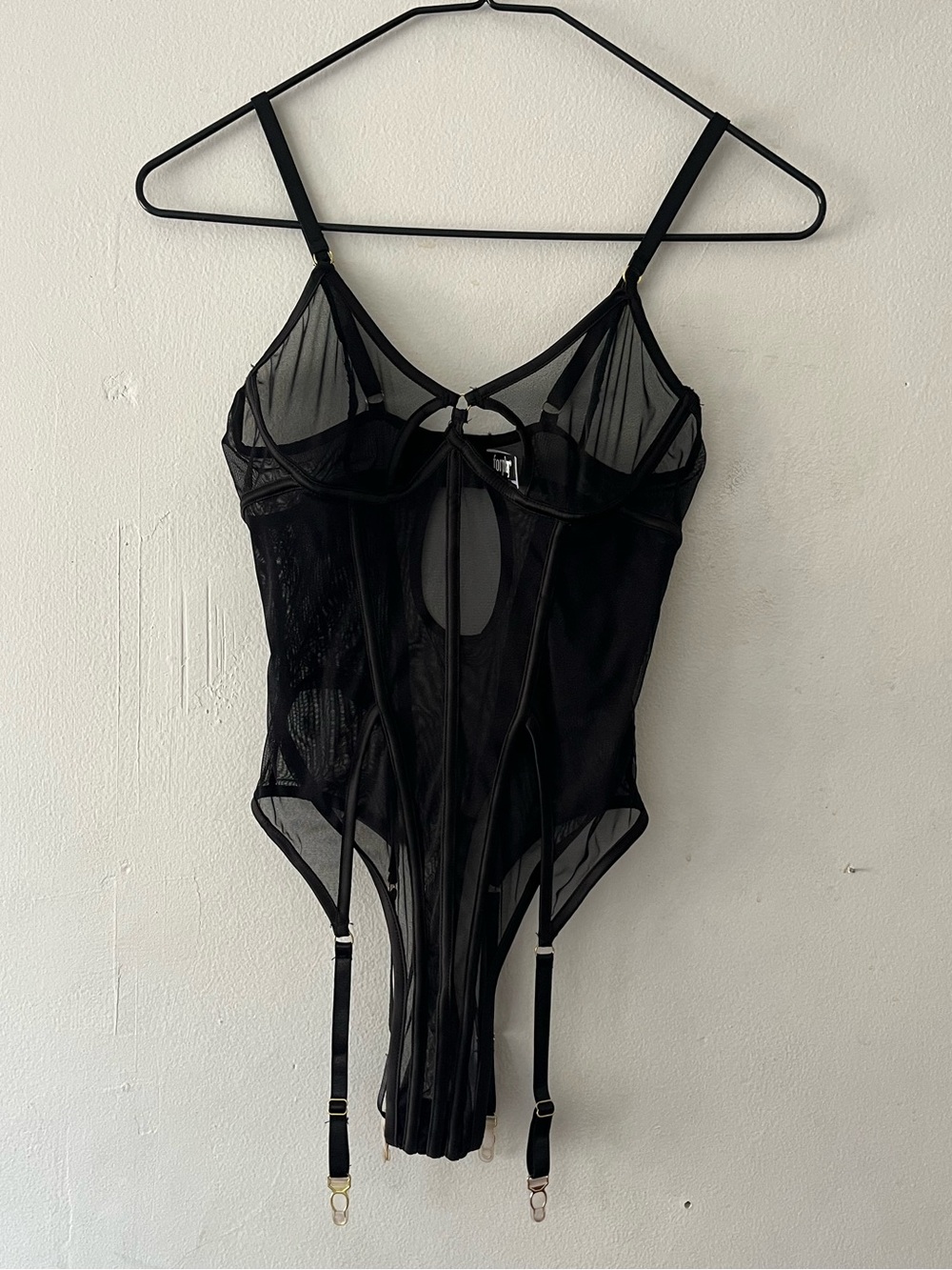Forplay Black Sheer Strappy Garter Bodysuit